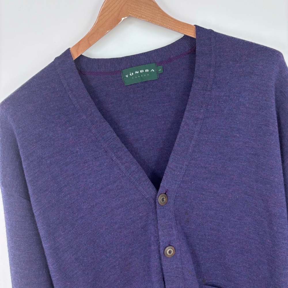 Vintage Tundra Canada 100% Wool Cardigan Sweater Mens Large Purple Grandpa FLAW